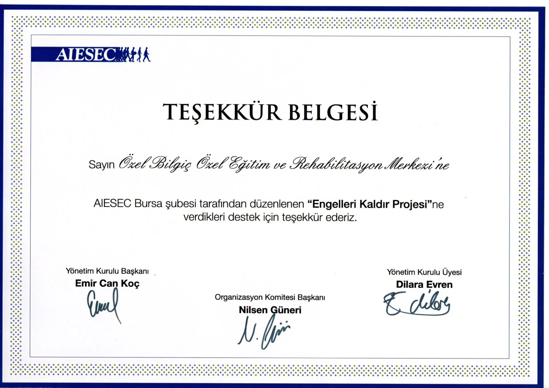 AIESEC Bursa Şubesi Teşekkür Belgesi